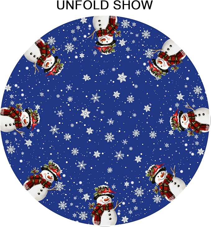 Sweetshow Xmas Snowman Blue Table Cloth Round Winter White Snowflakes Tablecloth 60 Inch Decor Washable Stain and Wrinkle Resistant Winter Round Table Cover for Dining Picnic