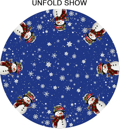 Sweetshow Xmas Snowman Blue Table Cloth Round Winter White Snowflakes Tablecloth 60 Inch Decor Washable Stain and Wrinkle Resistant Winter Round Table Cover for Dining Picnic