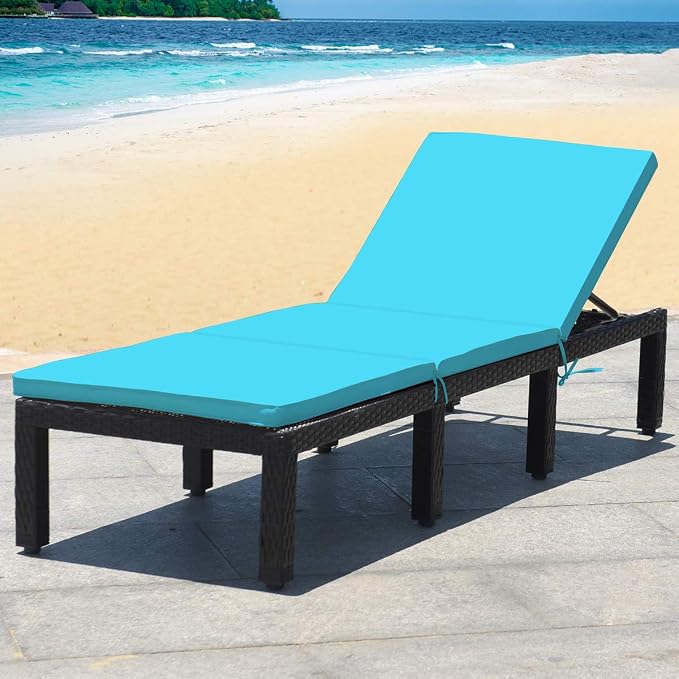 Tangkula Patio Wicker Lounge Chair, Outdoor Rattan Adjustable Reclining Backrest Lounger Chairs, Modern Outside Rattan Chaise with Seating and Back Cushion (1, Turquoise)