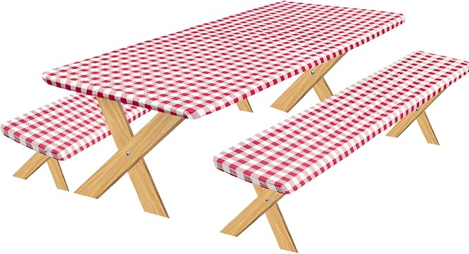 OutdoorLines Vinyl Fitted Picnic Table Cover with Bench Covers | Elastic Waterproof Camping Tablecloth for Picnic Table (Checkered Red 96x30 Inch, 3 Pcs)