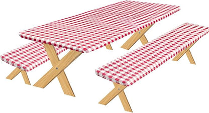 OutdoorLines Vinyl Fitted Picnic Table Cover with Bench Covers | Elastic Waterproof Camping Tablecloth for Picnic Table (Checkered Red 96x30 Inch, 3 Pcs)