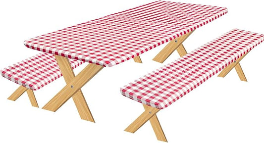 OutdoorLines Vinyl Fitted Picnic Table Cover with Bench Covers | Elastic Waterproof Camping Tablecloth for Picnic Table (Checkered Red 96x30 Inch, 3 Pcs)