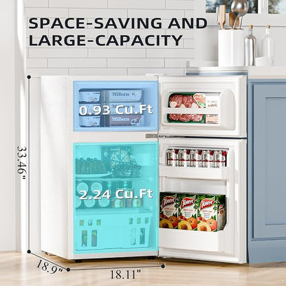 Kismile 3.2 Cu.Ft Mini Fridge with Freezer, 2 Door Dorm Refrigerator White | Adjustable Thermostat, Removable Shelves, Food & Beverage Storage, Dorm Mini Fridge for Bedroom/ Office/ College/ Apartment