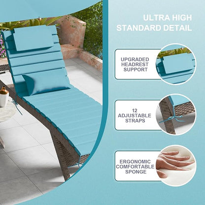 2 Sets of Outdoor Water-Resistant Olefin Chaise Lounge Cushions with Headrest and Pillow, Weather and Fade Resistant Foldable Quilted Lounge Chair Pads with Straps, Turquoise, 73" L x 22" W