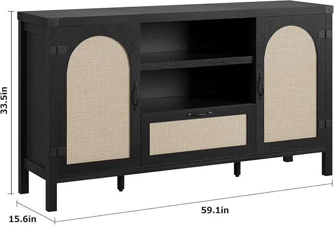 IDEALHOUSE Sideboard Buffet Cabinet with Storage, 59.1" Large Rattan Storage Cabinet with Drawers, Farmhouse Coffee Bar Cabinet for Living Room, Kitchen, Entryway, Black