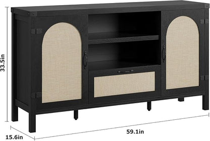 IDEALHOUSE Sideboard Buffet Cabinet with Storage, 59.1" Large Rattan Storage Cabinet with Drawers, Farmhouse Coffee Bar Cabinet for Living Room, Kitchen, Entryway, Black