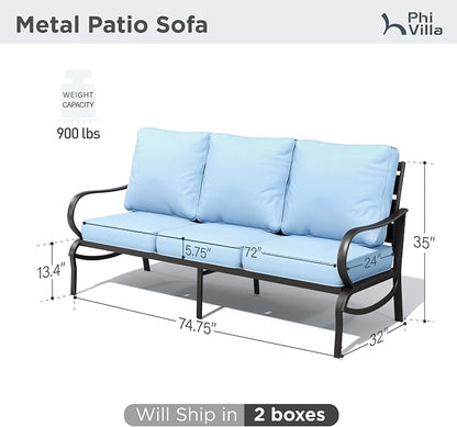 PHI VILLA Metal Patio Sofa with 5.75" Extra-Thick Waterproof Cushion, 3 Seater Deep Seat & High Back Outdoor Couch, All Weather Porch Furniture for Deck Backyard Front Porch Apartment,Blue