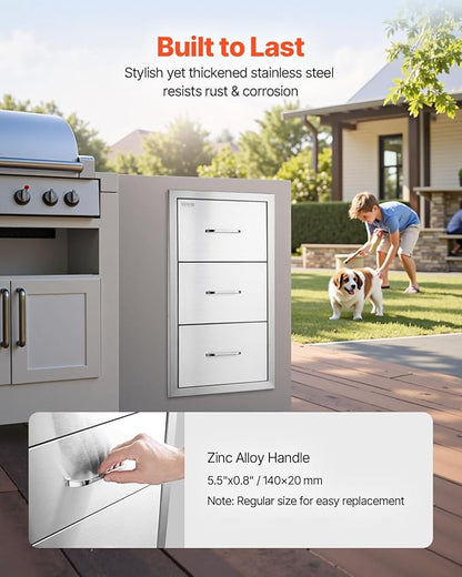 VEVOR Outdoor Kitchen Drawers 17W x 30H x 21D Inch, Outdoor Kitchen Cabinets, Stainless Steel Double Access Drawers, with Paper Towel Holder, Combo for BBQ Island Drawers or Grill Station
