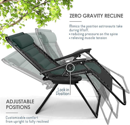 Nestl Padded Oversized Zero Gravity Chair, XL Folding Outdoor Lounge Chair | Adjustable Headrest, Cup Holder & Side Tray, Support 330 LBS, Reclining & Foldable, For Patio & Camping, Black/Forest Green