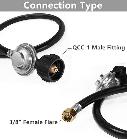 DOZYANT 12 Feet Universal QCC1 Low Pressure Propane Regulator Grill Replacement with 12 FT Hose for Most LP Gas Grill, Heater and Fire Pit Table, 3/8" Female Flare Nut
