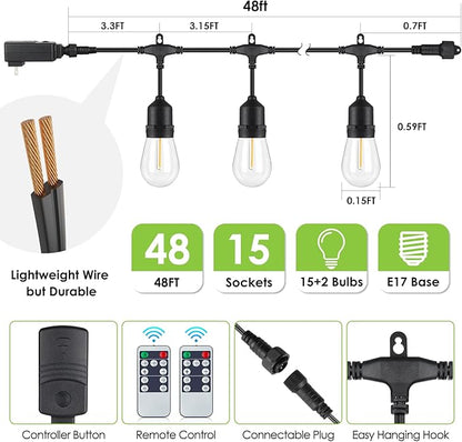 Larkvue 48FT Outdoor String Lights with Remote, Dimmable Patio Lights with 15+2 LED Waterproof Shatterproof Bulbs 3 Modes 4 Timers for Backyard, Black