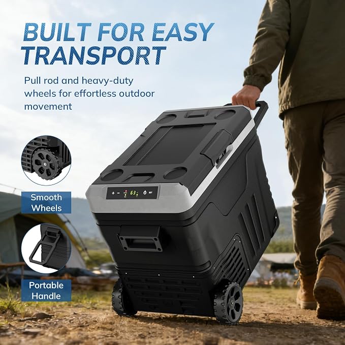 12 Volt Refrigerator,53QT -4℉~68℉ Electric Cooler with Wheels for Car,Black | 50L Car Fridge Compressor,Plug in Coolers for Vehicles,Portable Refrigerator for Camping with 2 Baskets, Freezer Cooler