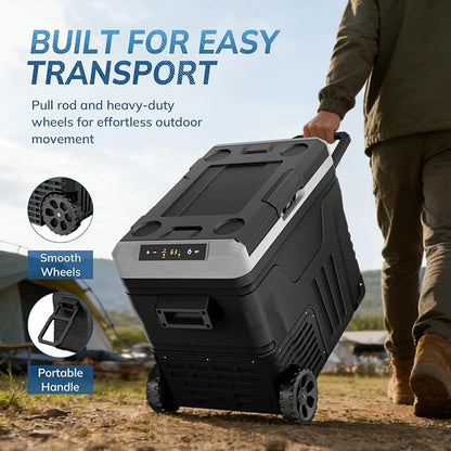 12 Volt Refrigerator,53QT -4℉~68℉ Electric Cooler with Wheels for Car,Black | 50L Car Fridge Compressor,Plug in Coolers for Vehicles,Portable Refrigerator for Camping with 2 Baskets, Freezer Cooler