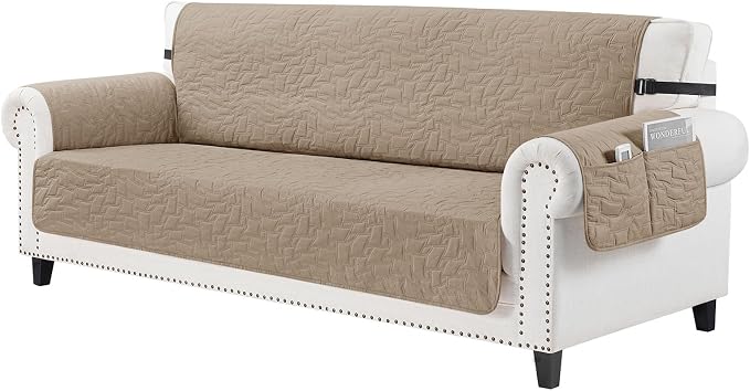 CUCRAF Non Slip Quilted Sofa Cover, Water Resistant Slipcover Furniture Protector for 3 Cushion Sofa Pet Friendly, Washable Couch Cover with Adjustable Elastic Straps (X-Large, Light Khaki)