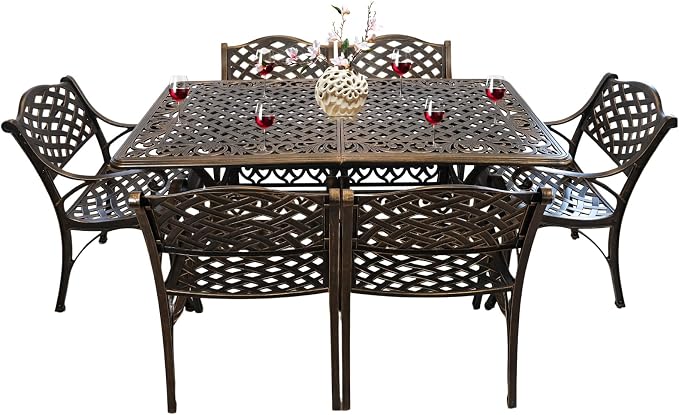 58.66" Bronze Aluminum Hollow Pattern Outdoor Dining Table, Fits 8, With Umbrella Hole