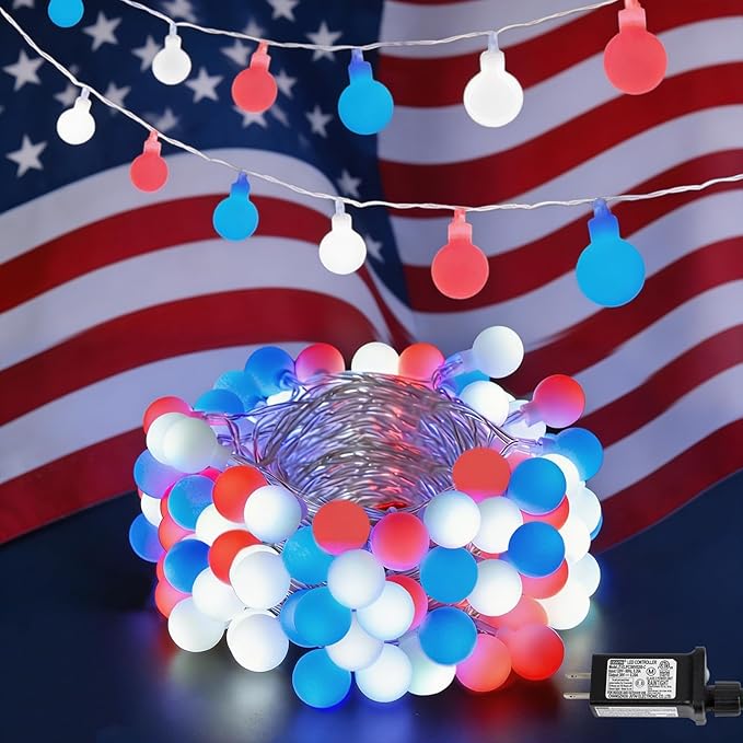 QITONG Red White and Blue Globe String Lights Outdoor, 33ft 100 LED 4th of July Globe Lights with Plug in, 8 Modes Clear String Lights for Indoor Patriotic Memorial Independence Day Decor