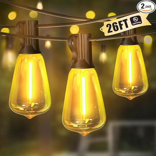LAMPHOME 2-Pack 26Ft ST38 Outdoor String Lights, Warm Yellow Edison LED Patio Light with 12+1 Shatterproof Bulbs, Waterproof for Bistro Christmas Party Garden Decor
