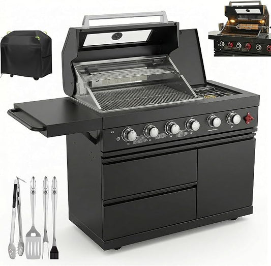 46" Outdoor BBQ Island Grill (No Sink/Fridge), 75,300 BTU 4 Burners + Side Burner, Infrared Rear Burner, LP/NG Convertible, Granite Top, Rotisserie, Stainless Steel Outdoor Kitchen Island