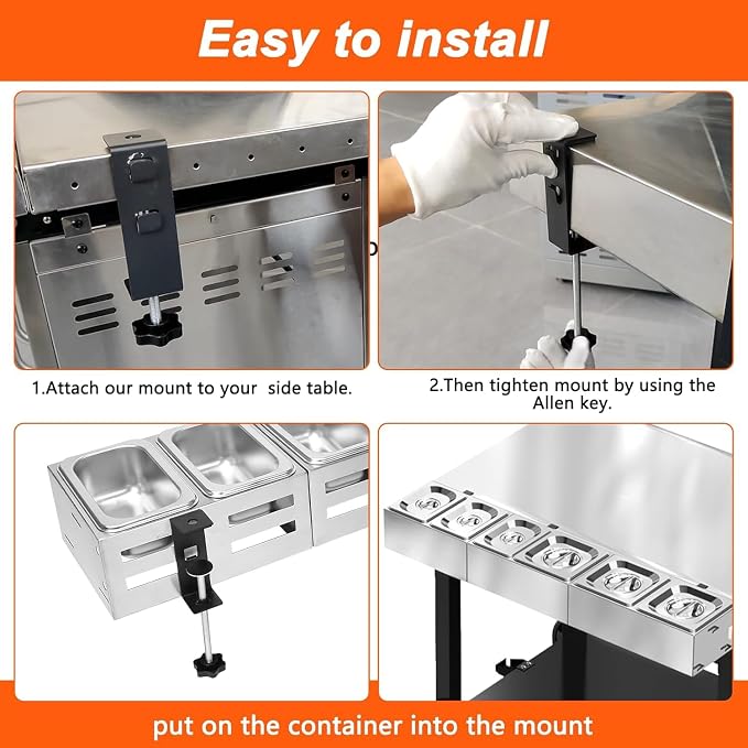 Uniflasy Pizza Topping Station, 6 Stainless Pans with Lids for Pizza Oven | Clamps to Weber/Nexgrill/Blackstone carts or counters up to 3.2 in; keeps cheese, veggies, meats, herbs organized for parties
