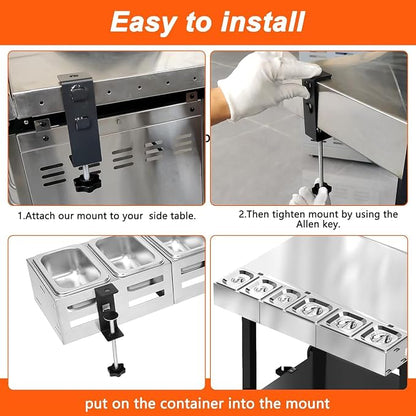 Uniflasy Pizza Topping Station, 6 Stainless Pans with Lids for Pizza Oven | Clamps to Weber/Nexgrill/Blackstone carts or counters up to 3.2 in; keeps cheese, veggies, meats, herbs organized for parties