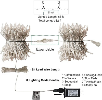 LJLNION 300 LED String Lights Outdoor Indoor, Extra Long 98.5FT Christmas Lights, 8 Lighting Modes, Plug in Waterproof Fairy Lights for Wedding Party Bedroom Decorations (Warm White)