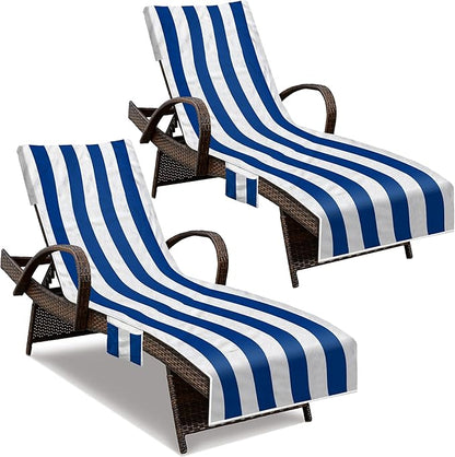 Beach Chair Cover (1Pc), Lounge Chair Covers with Side Pockets 85 x 30,Thick and Quick Dry Lounge Chair Towel Cover for Sun Lounger, Pool Beach Garden Outdoor Tanning Chair Cover, Dark Blue Stripe