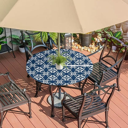 Navy Blue Mandala Outdoor Round Fitted Tablecloth with Umbrella Hole and Zipper, 45"-56" Elastic Patio Table Cloth Oil-Proof Waterproof Patio Table Cover for Picnic Party Camping