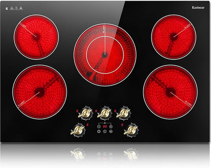 Karinear Electric Cooktop 30 Inch, 5 Burner Radiant Cooktop with Knob & Touch Control, 8500W 240V Built-in Stove Top, 9 Power Levels, Timer, Child Lock, Pause, Residual Heat Indicator(Gold Knob)