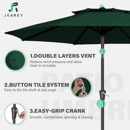 JEAREY 9' 2-Tiers Patio Umbrellas Outdoor Table Market Umbrella w/Push Button Tilt/Crank, 8 Sturdy Ribs, UV Protection Waterproof Sunproof(Dark Green)