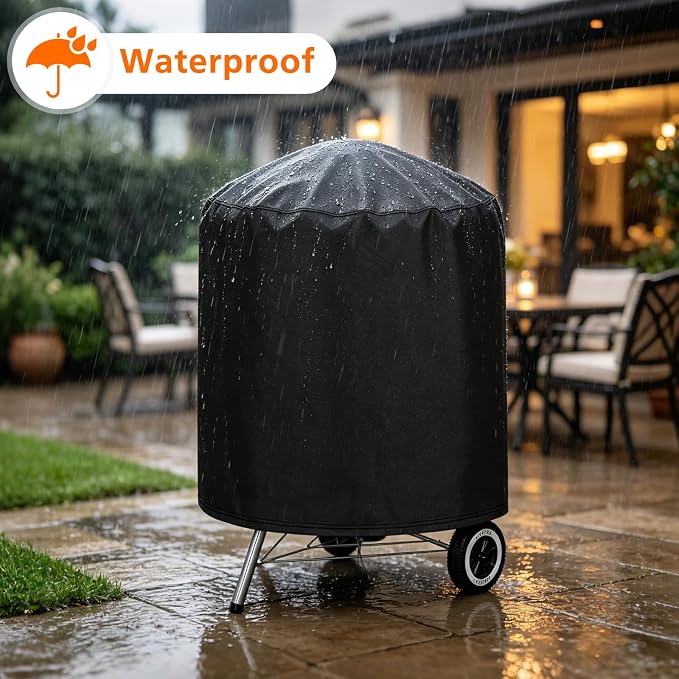Round BBQ Grill Cover for Weber 22" and Most Kettle Charcoal Grill | Windproof,Waterproof,Tear Resistant,UV Protection,30" Dia x 38" H