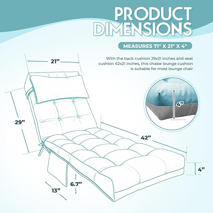 Outdoor Chaise Lounge Chair Cushion, Waterproof Outdoor Chair Cushions for Patio Furniture, 71 x 21 x 4 Inches Replacement Chaise Lounge Cushion with Ties (Teal)
