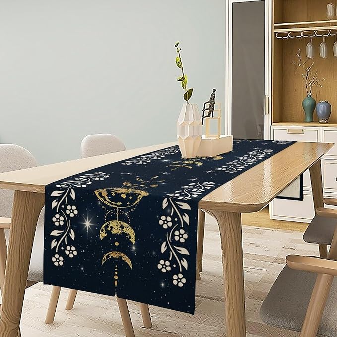Cotton Linen Table Runner Moonlit Garden Kitchen Full Moon Starry Sky Colorful Boho Floral Flower Rectangle Table Collection Table Setting Decorations for Dinner Wedding Birthday Party 13x60 Inch