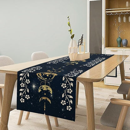 Cotton Linen Table Runner Moonlit Garden Kitchen Full Moon Starry Sky Colorful Boho Floral Flower Rectangle Table Collection Table Setting Decorations for Dinner Wedding Birthday Party 13x70 Inch