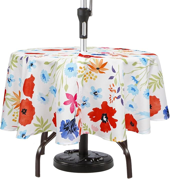 Round Outdoor Tablecloth with Umbrella Hole Umbrella Tablecloth Patio Tablecloths with Zipper for Courtyards, Terraces, and Beaches 60 in, Floral2