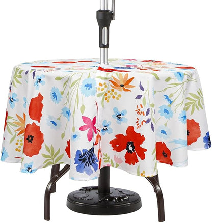 Round Outdoor Tablecloth with Umbrella Hole Umbrella Tablecloth Patio Tablecloths with Zipper for Courtyards, Terraces, and Beaches 60 in, Floral2