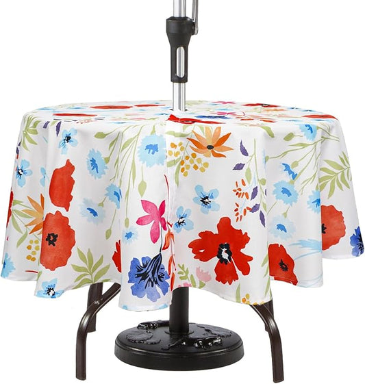 Round Outdoor Tablecloth with Umbrella Hole Umbrella Tablecloth Patio Tablecloths with Zipper for Courtyards, Terraces, and Beaches 60 in, Floral2