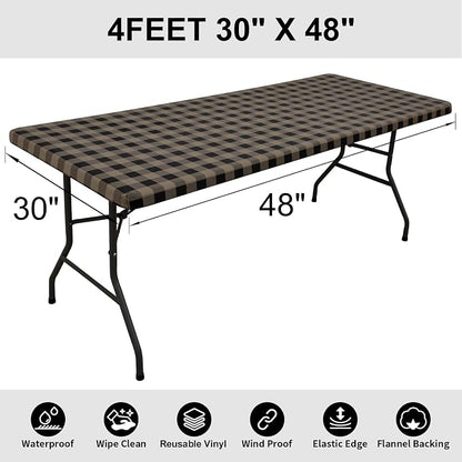 Smiry Rectangle Picnic Table Cloth, Elastic Waterproof Fitted Vinyl Tablecloths, Flannel Backed Buffalo Plaid Table Covers for Dining, Camping, Outdoor (Black and Khaki, 30" x 48")