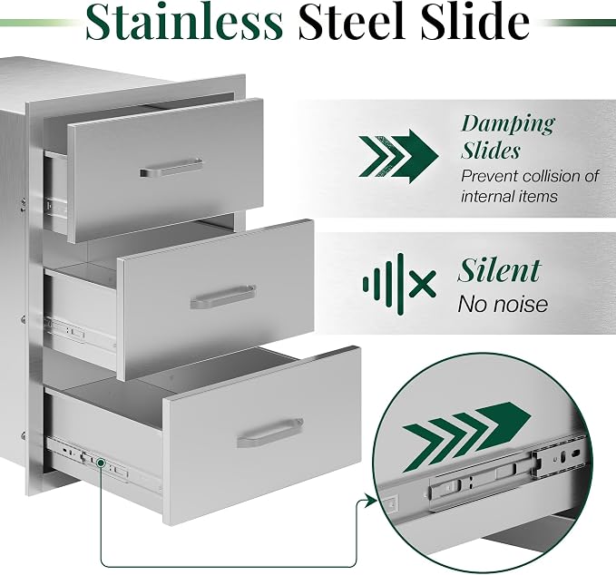 Jocisland 18-Inch Stainless Steel Outdoor Kitchen Drawer Cabinet | 18 W x 23 D x 23 H In, 3-Tier Drawers with Handles and Pull-Out Trays, Built-In BBQ Island Storage