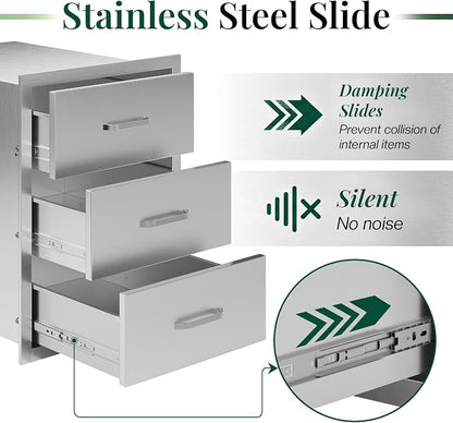 Jocisland 18-Inch Stainless Steel Outdoor Kitchen Drawer Cabinet | 18 W x 23 D x 23 H In, 3-Tier Drawers with Handles and Pull-Out Trays, Built-In BBQ Island Storage
