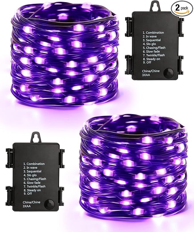 Brizled Purple String Lights, 2 Pack 50 LED Battery Powered Halloween Light | 8 Modes Purple Fairy Lights with Timer, Twinkle Halloween Tree Lights Black Wire for Indoor Outdoor Party Garden Yard Decor