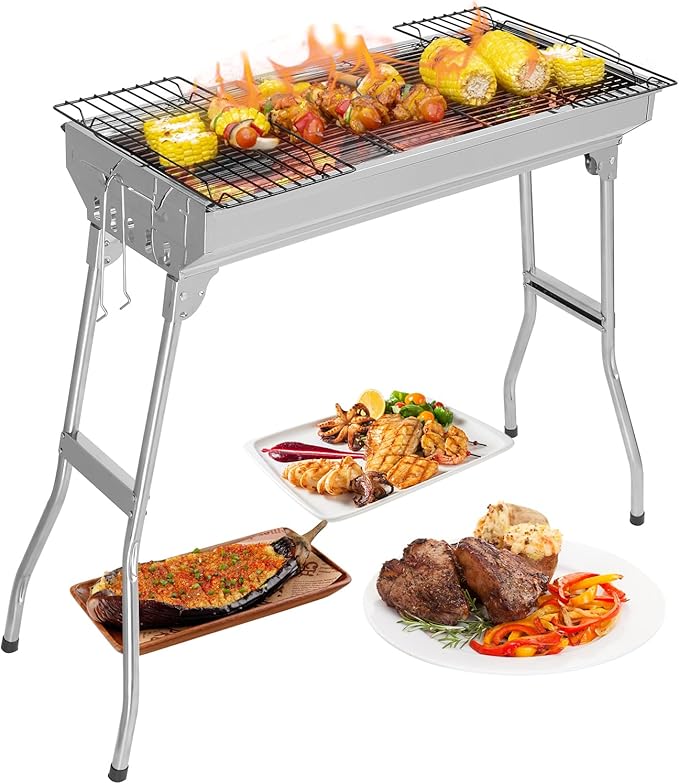 Stainless Steel BBQ Charcoal Grill, 28x 13 x 27" Portable & lFoldable Barbecue Grill, Outdoor Patio Garden Heating Smoker for Cooking Camping Hiking Picnic Garden Beach Party