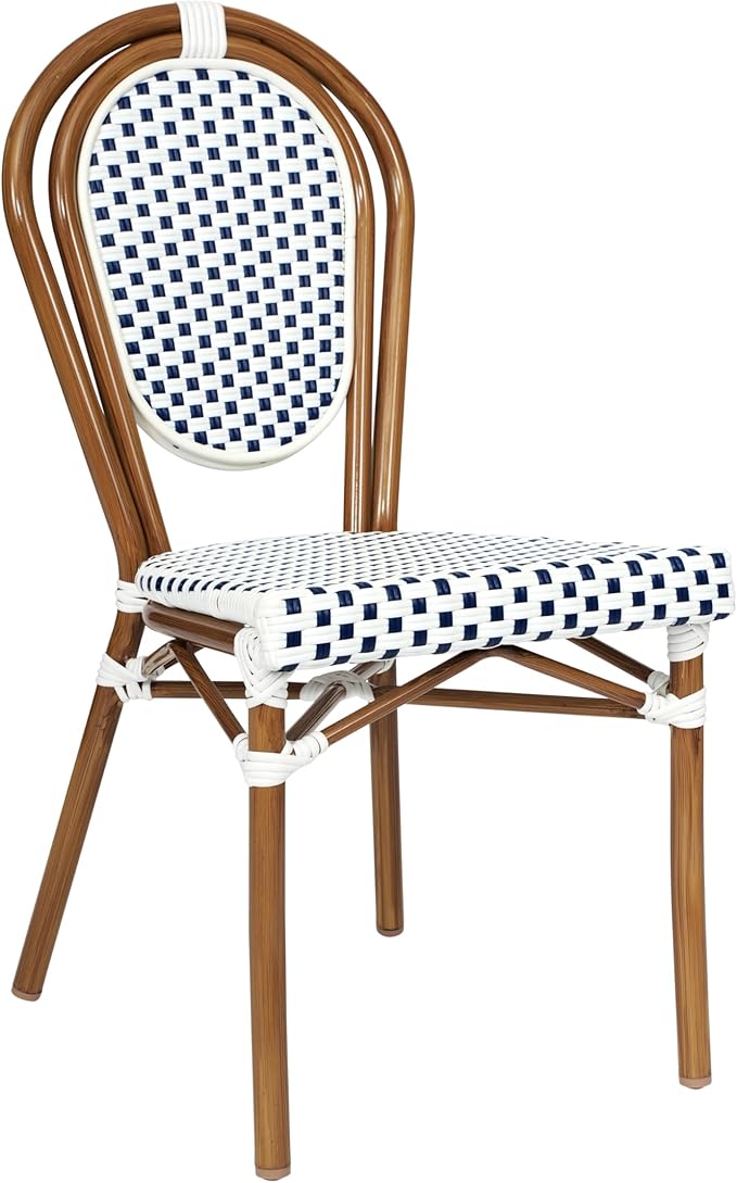 Flash Furniture Lourdes Indoor/Outdoor Commercial Thonet Bistro Stack Chair - White/Navy PE Rattan Back and Seat - Natural Bamboo Print Metal Frame