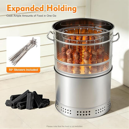 Portable Charcoal Grill for Camping, 201 Stainless Charcoal BBQ Grill Barrel with 360° Even Heating, 16.14 x 25.98 Inch Large Capacity with Complete 50pcs Skewers Set for Travel, Outdoor Cooking