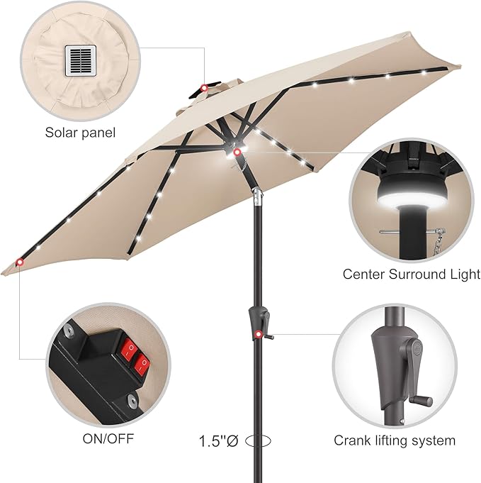 10 ft Solar Patio Umbrella Outdoor with Centre Light, Beige | 24 LED Lights, UV Protection, Solar Outdoor Umbrella for Porch, Deck, Pool, Table, Garden, Provides Evening Lighting