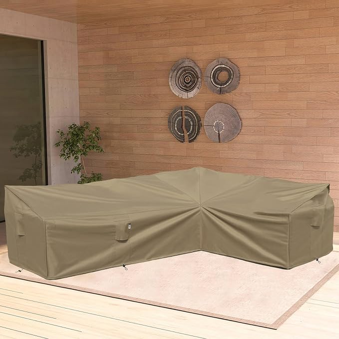 Heavy Duty Outdoor Sectional Sofa Cover, Waterproof 600D Patio Sectional Couch Covers, Lawn Patio Furniture Cover (Desert Khaki, 130"x100"(L-Shaped-Right Facing))