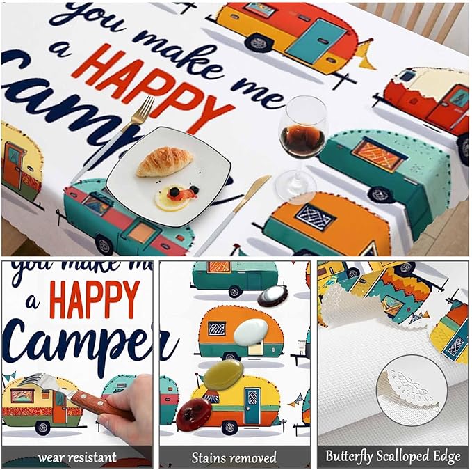 Swono Cars Cute Rectangular Tablecloth Cartoon Cars You Make Me A Happy Camper Quote Heavy Duty Table Cloth Kitchen Dining Room Table Cover for Party Dinner 50x72 Inch Tablecloths