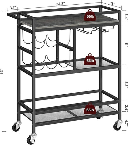 MAHANCRIS Bar Cart for Home, 3-Tier Serving Cart with Wheels and Handle, Beverage Cart with Wine Rack and Glass Holders, Rolling Wine Cart for Kitchen, Dining Room, Charcoal Gray and Black RCHT6101