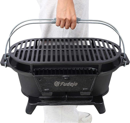 Oval Cast Iron Portable Charcoal Grill, Enameled Tabletop Hibachi Grill & Camping Stove – 100% Heavy-Duty Cast Iron Outdoor BBQ Grill for Camping, Tailgating, and Backyard Cooking, Black