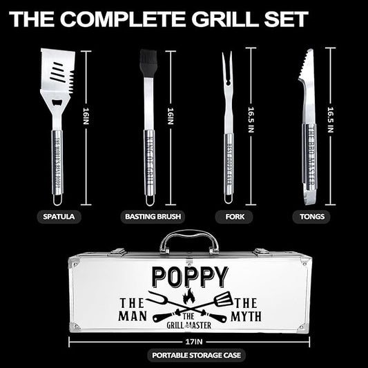 Poppy Gifts, Poppy Gifts for Grandpa from Grandkids Fathers Day Heavy Duty Grilling Accessories Kit for Backyard BBQ, Thick Stainless Steel Grill Utensils with Non-Slip Handle Tool for Man on Birthday