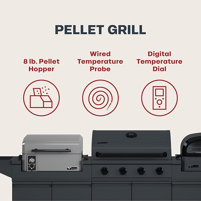 Tytus Anaheim 4-Burner Gas Grill with Two Prep Carts, Pellet Smoker, and Pizza Oven with Cover - Modular Outdoor Kitchen, Quick Assembly, Grill for Outdoor Cooking, Kitchen Island for BBQ